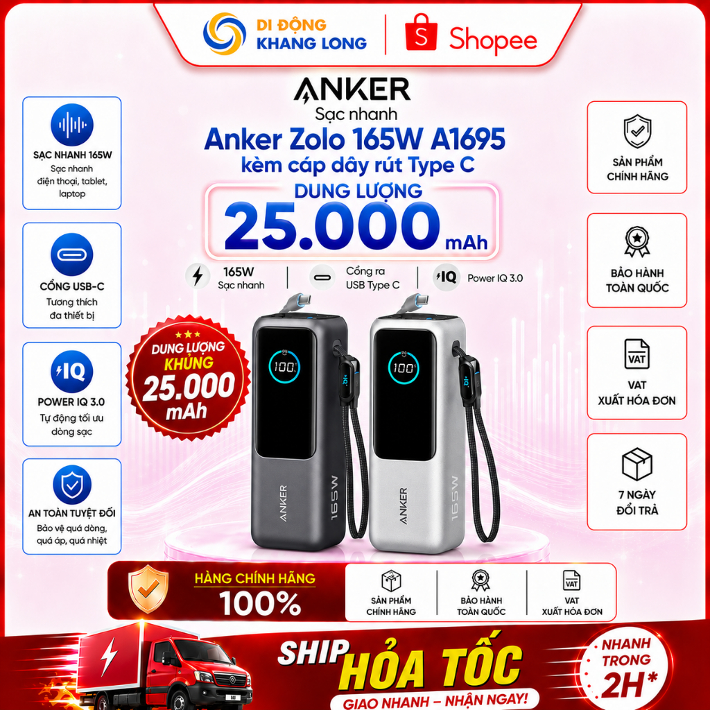 Pin sạc dự phòng 25000mAh PD QC 3.0 165W Anker Zolo A1695 kèmcáp dây rút Type C- Hàng Chính Hãng VN