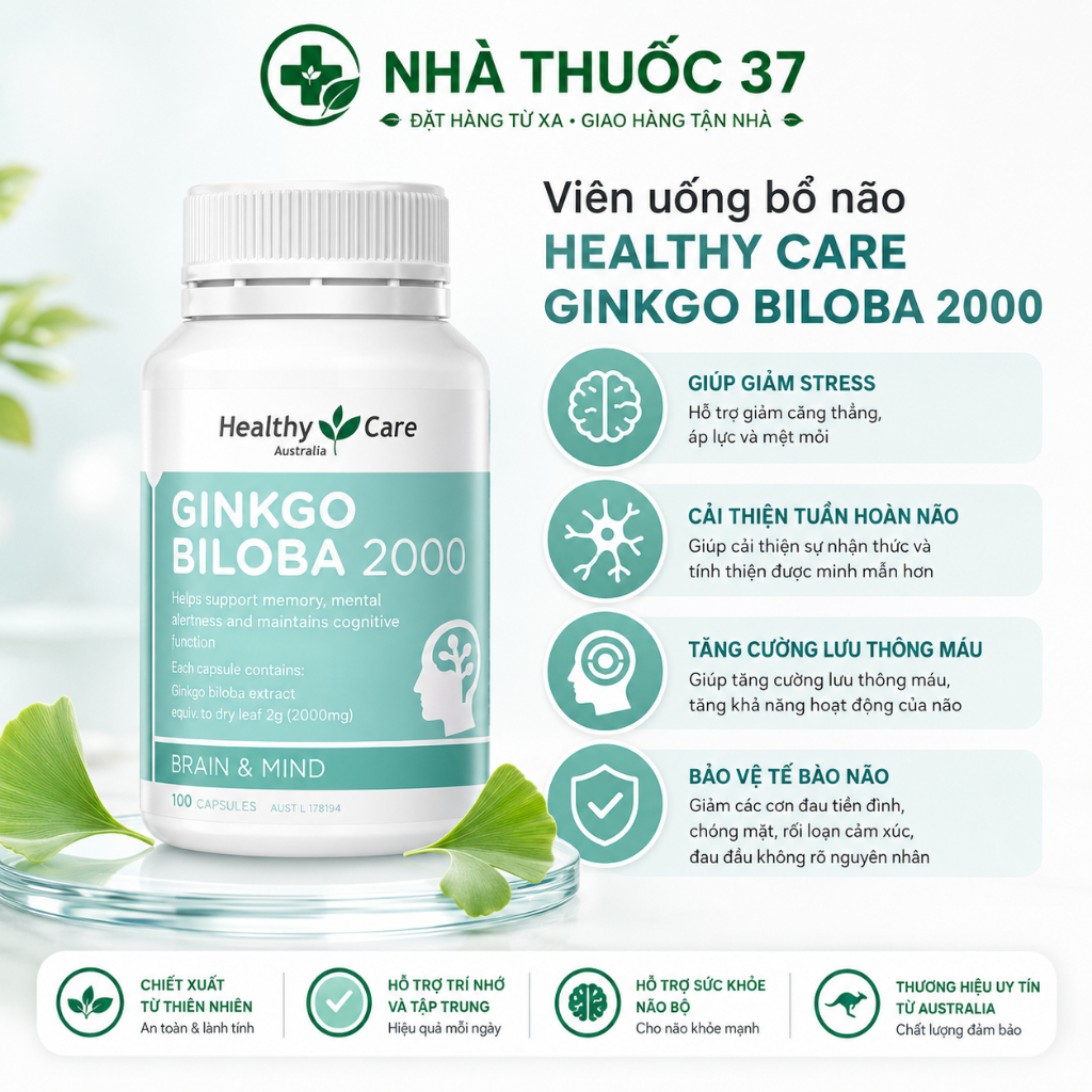 Viên uống bổ não Healthy Care Ginkgo biloba tăng cường lưu thông máu, cải thiện trí nhớ, tập trung