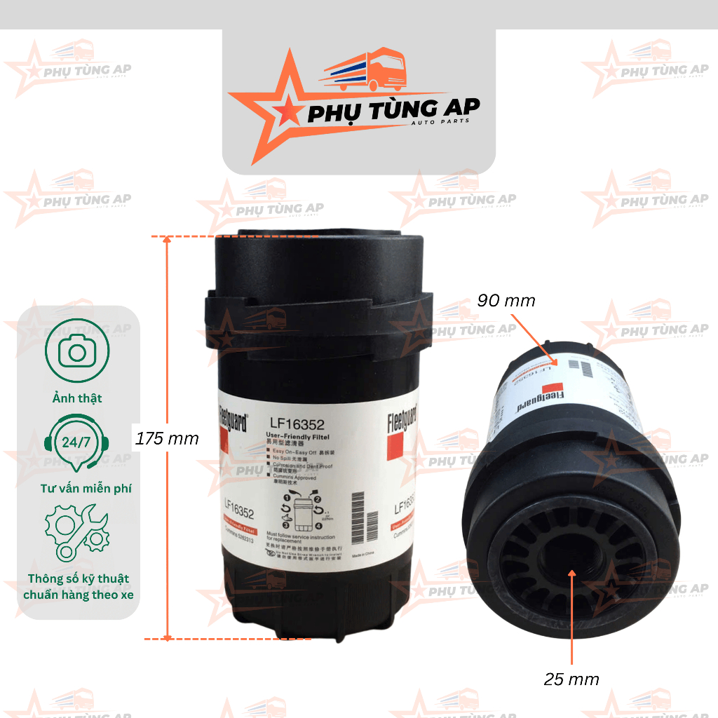 Lọc nhớt (dầu bôi trơn động cơ) JAC N900.Mã lọc: LF16352, 5262313. Dùng chung Thaco Auman động cơ Cu