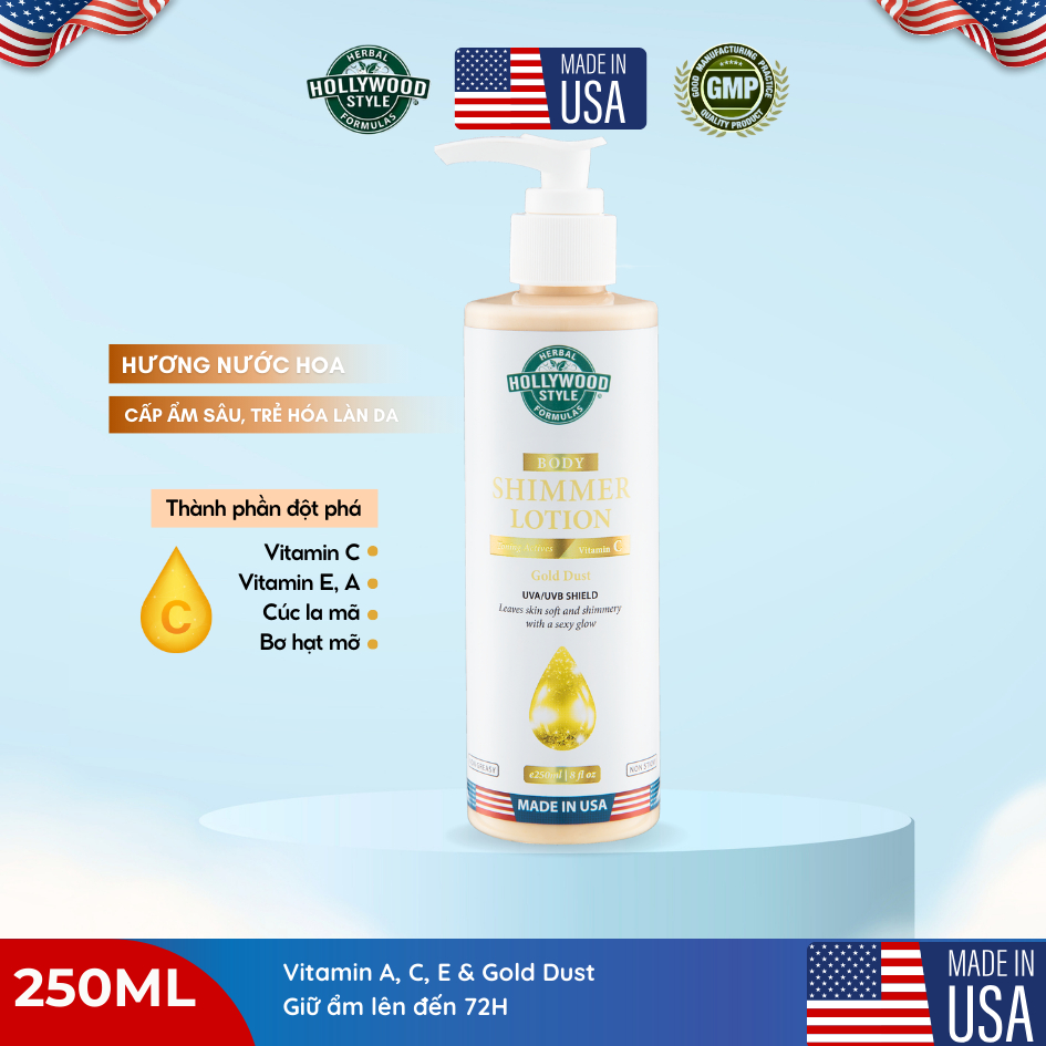 Sữa Dưỡng Thể Hollywood Style Ánh Nhũ Hương Nước Hoa, Cấp Ẩm Tức Thì & Tái Tạo Da 250ml