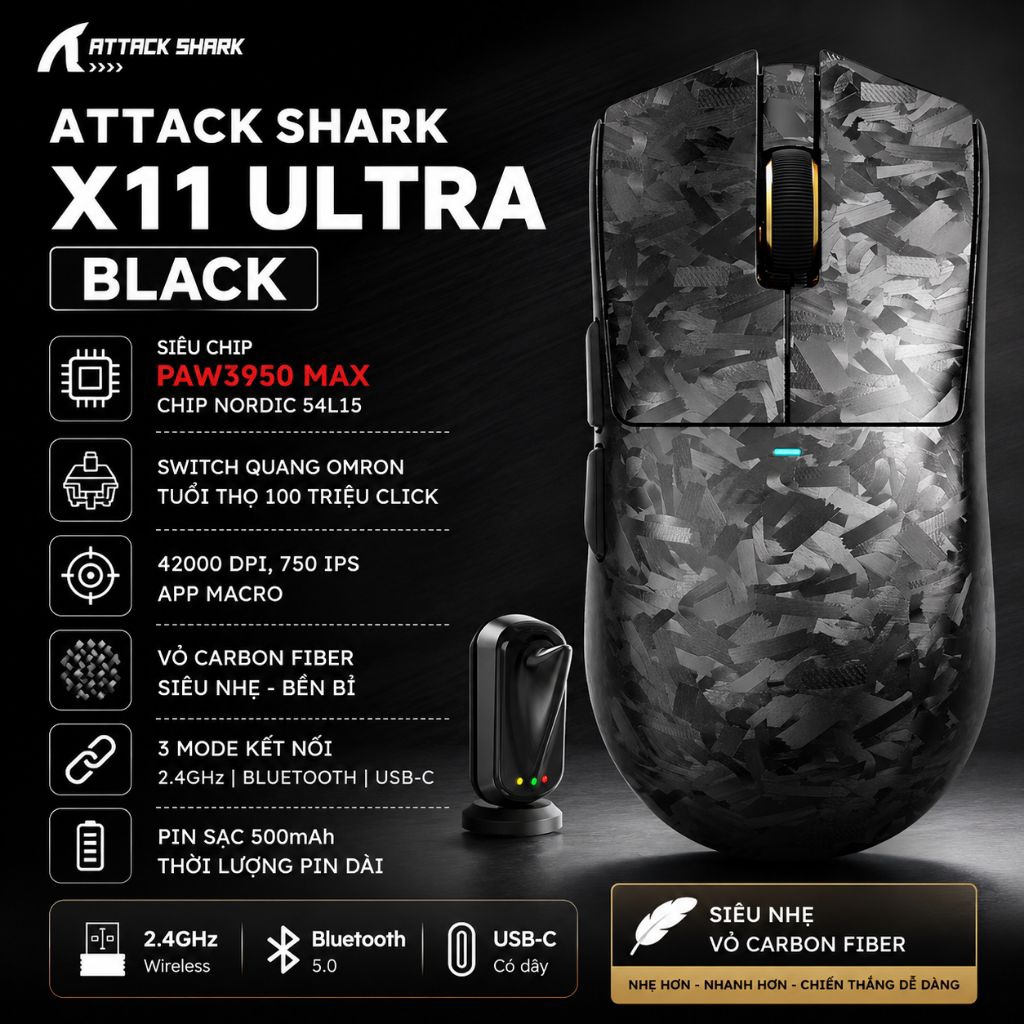 Chuột Không Dây ATTACK SHARK X11 ULTRA Carbon Fiber Wireless 8K PAW3950MAX Gaming Mouse ( Hàng new  