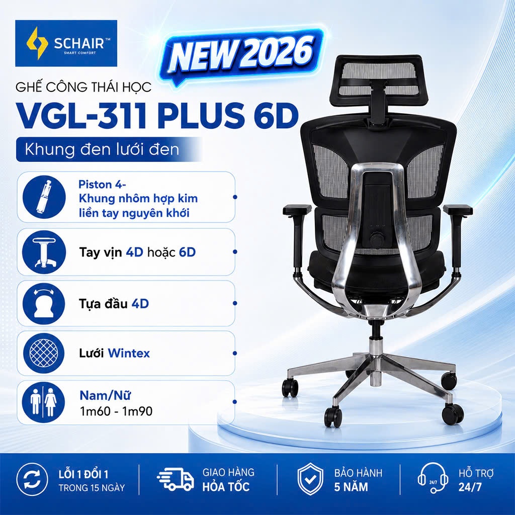 Ghế Công Thái Học VGL311PLUS, Lưới Wintex Cao Cấp,Khung Hợp Kim Nhôm, Piston 4,[Bảo Hành 5 Năm]