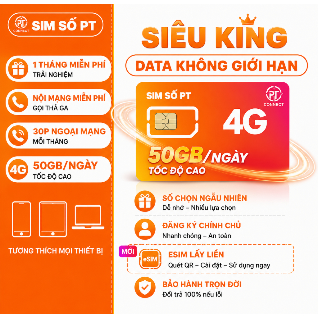 Sim 4G 50GB/Ngày tốc độ cao Vietnamobile – Siêu King – 50P Ngoại Mạng, eSIM