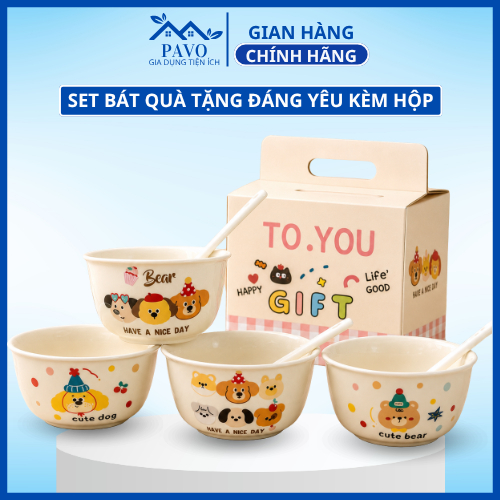 Bộ Bát Sứ Kèm Thìa Sứ Hộp Quà Cao Cấp Chịu Nhiệt, Bát Sứ Quà Tặng Dễ Thương