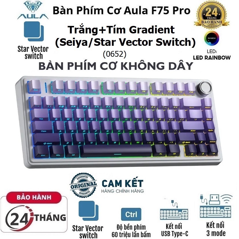 Bàn phím cơ Gaming 3 MODE chính hãng AULA F75/ F75 PRO (0652) - (Màu Trắng+Tím Gradient - Seiya/ Sta