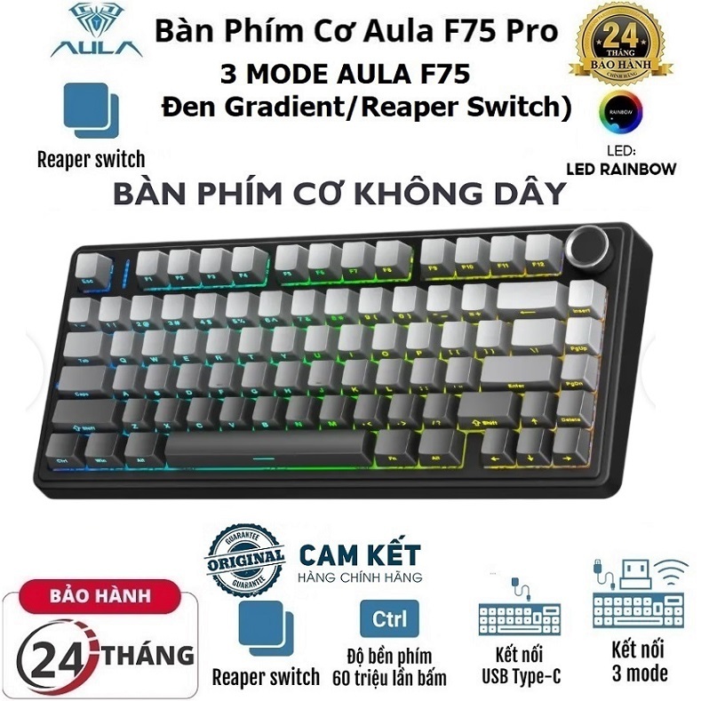 Bàn phím cơ Gaming 3 MODE chính hãng AULA F75/ AULA F75 PRO Led RGB, HotSwap 5 pin (Black Gradient/R
