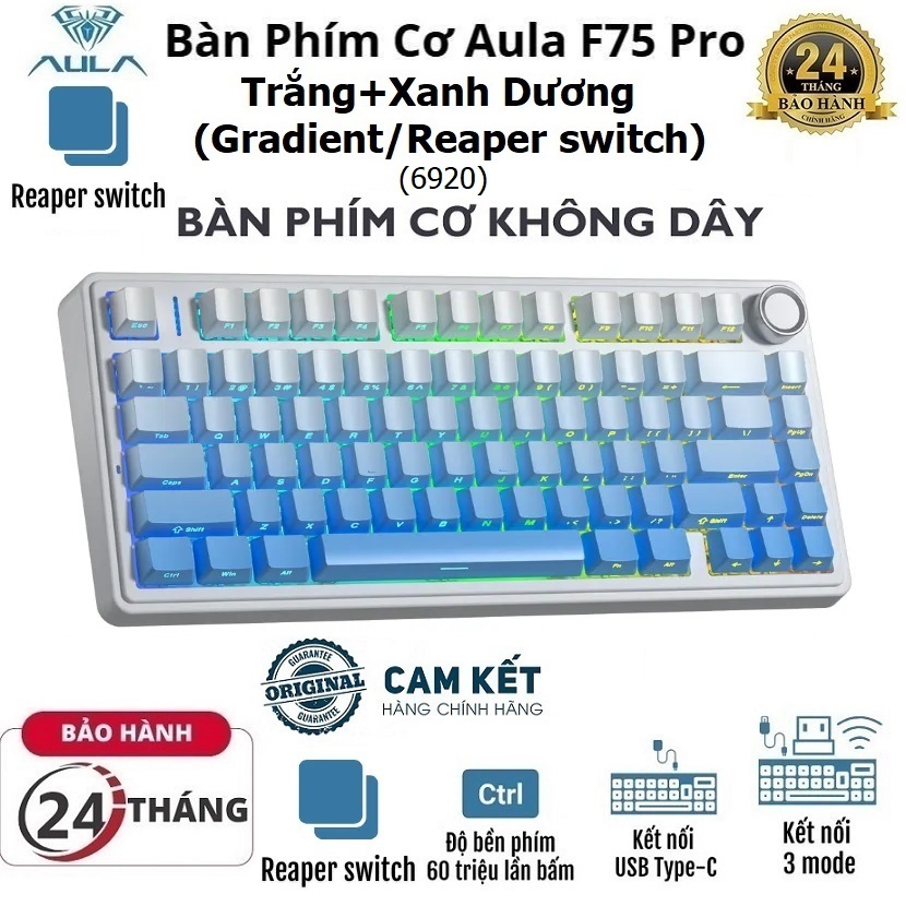 Bàn phím cơ Gaming 3 MODE chính hãng AULA F75/ F75 PRO (6920) - (Phiên bản Trắng+Xanh Dương Gradient