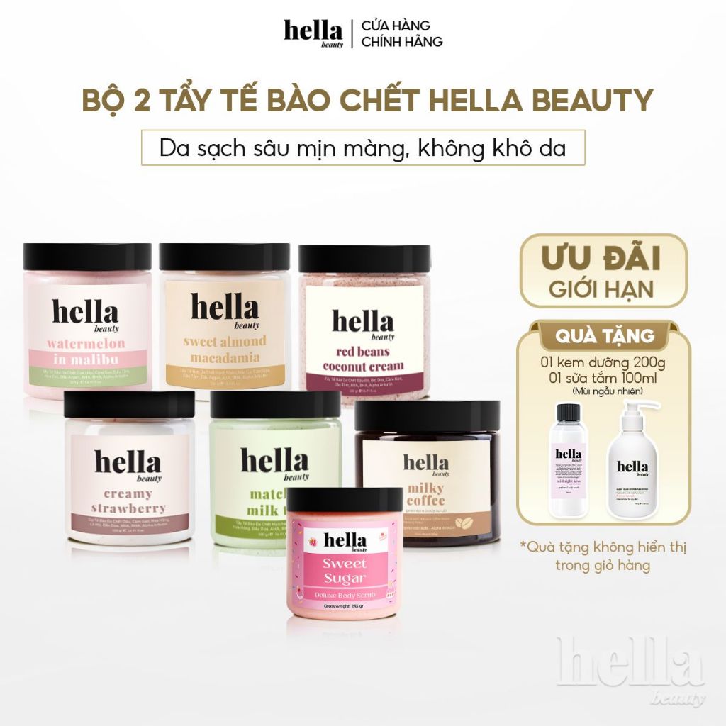 Bộ 2 tẩy tế bào chết body Hella Beauty giúp làm sạch sâu hỗ trợ dưỡng sáng da đều màu