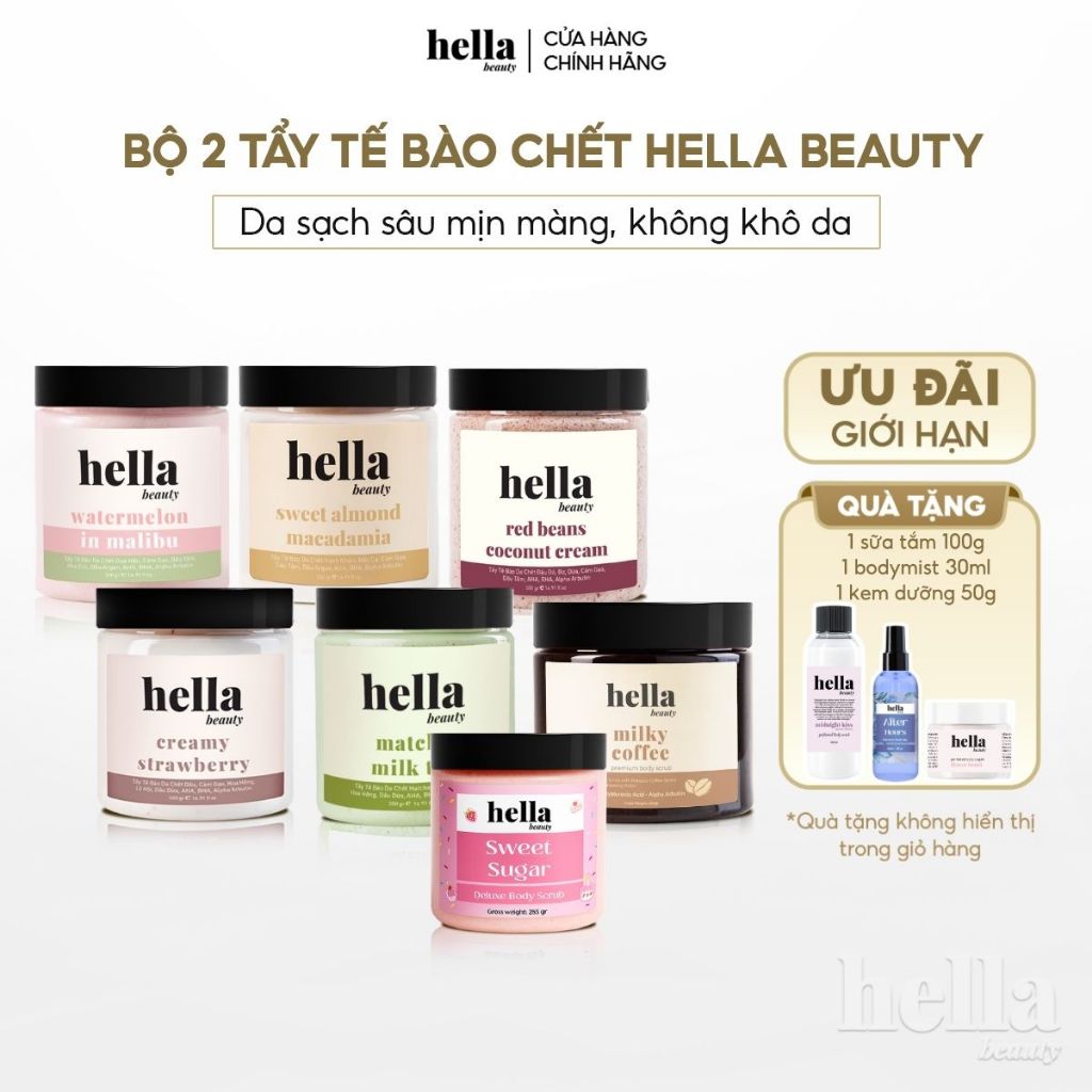 Bộ 2 tẩy tế bào chết body Hella Beauty giúp làm sạch sâu hỗ trợ dưỡng sáng da