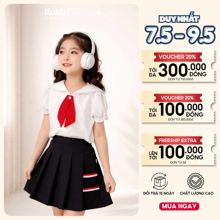 [ILABY 10-40kg] Áo sơ mi bé gái ILABY cổ thuỷ thủ gắn nơ cổ chất liệu thô cotton [1687]