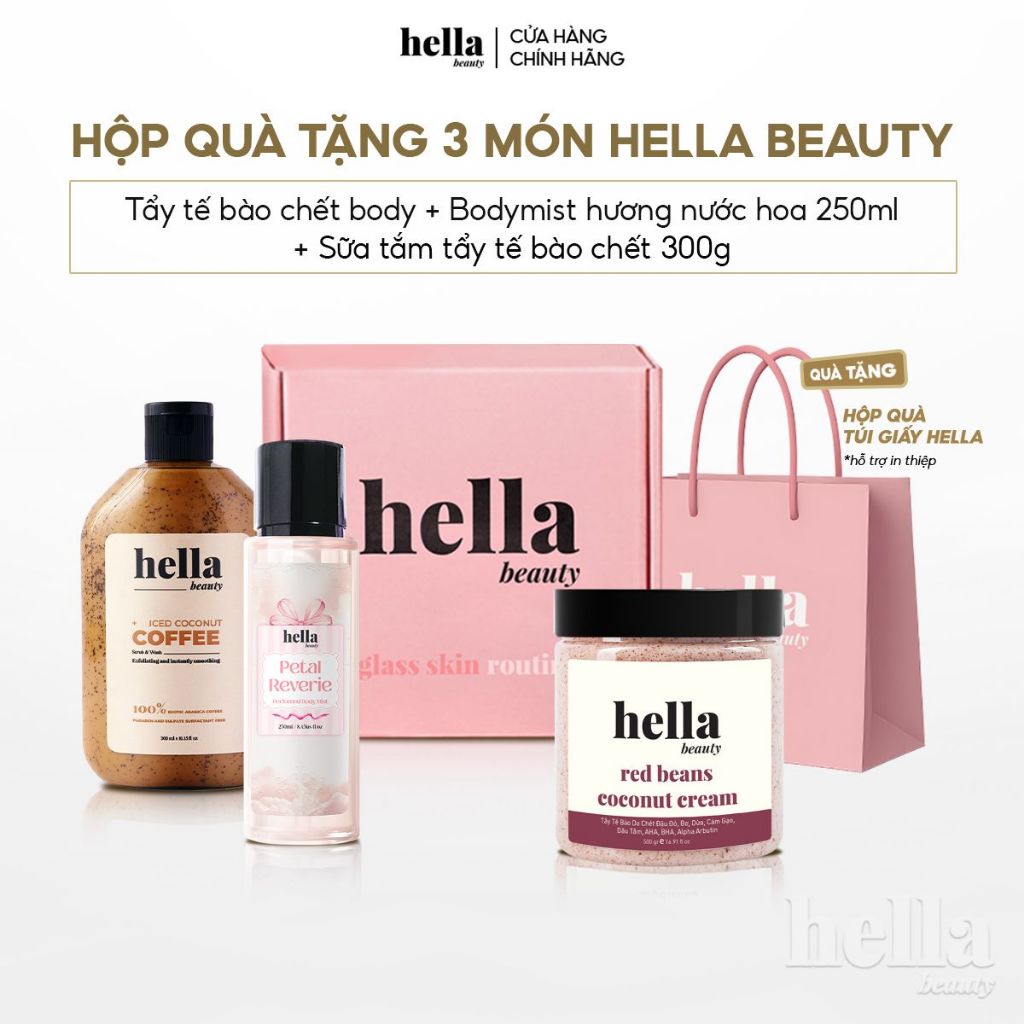 (TẶNG TÚI VÀ HỘP) Hộp quà 3 món Tẩy tế bào chết body + Xịt thơm bodymist 250ml + Sữa tắm hạt tẩy da chết 300g