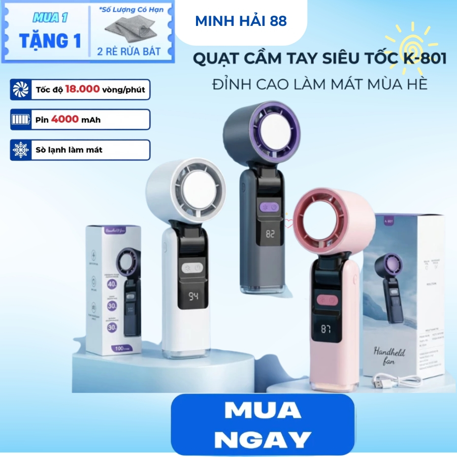 Quạt cầm Tay Mini K801,Màn Hình Kỹ Thuật Số, Pin 4000mAh,Đèn LED, Sạc Type-C,Pin 4000mAh HOT Nhất