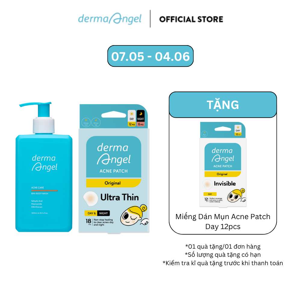 Combo Sữa Tắm Giảm Mụn Toàn Thân Derma Angel Acne Care BHA Body Wash 300ml & Miếng Dán Mụn Derma Ang