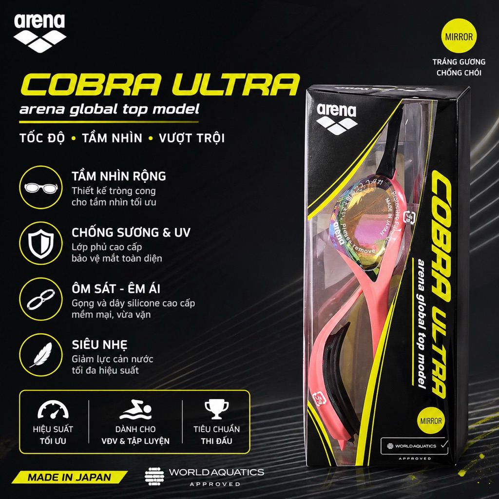 <SALE 10/10> KÍNH BƠI CHÍNH HÃNG ARENA COBRA ULTRA MIRROR GOGGLE AGL180M