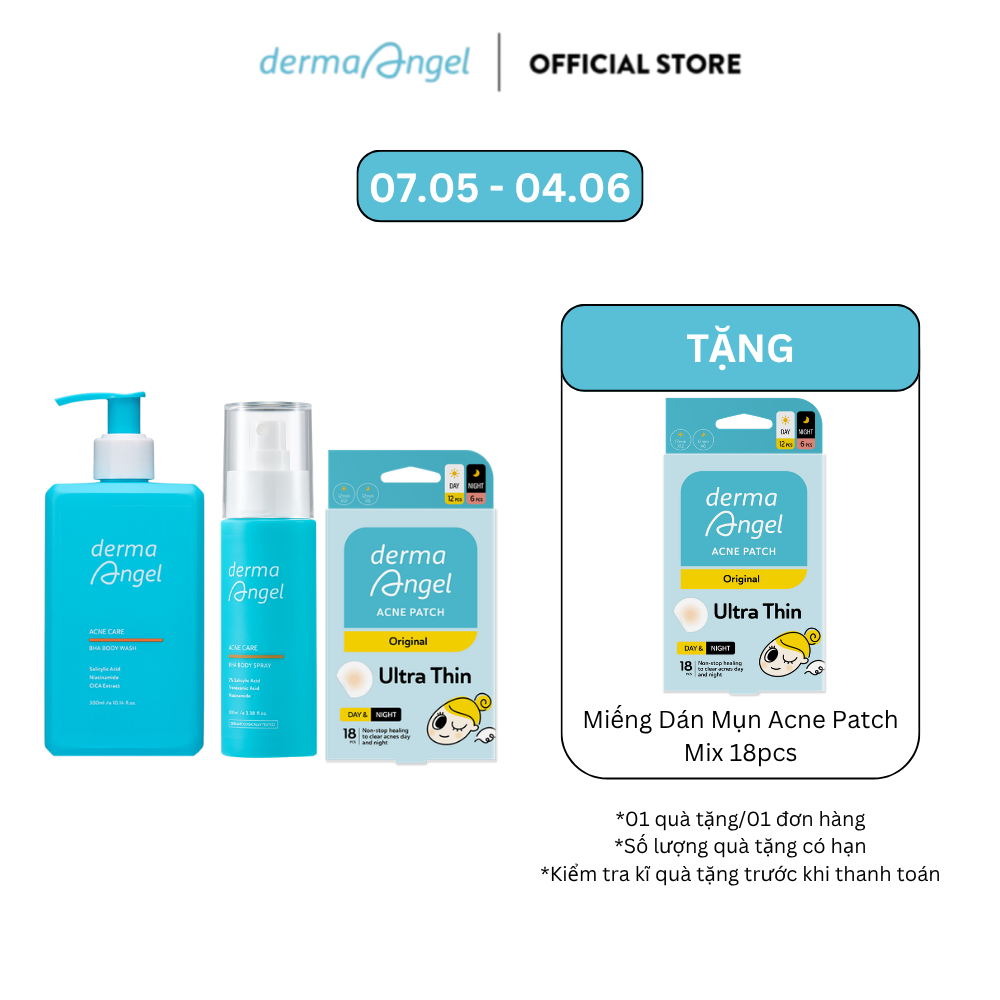 Combo Xịt Giảm Mụn Toàn Thân 100ml & Sữa Tắm Giảm Mụn Derma Angel 300ml & Miếng Dán Mụn Derma Angel 