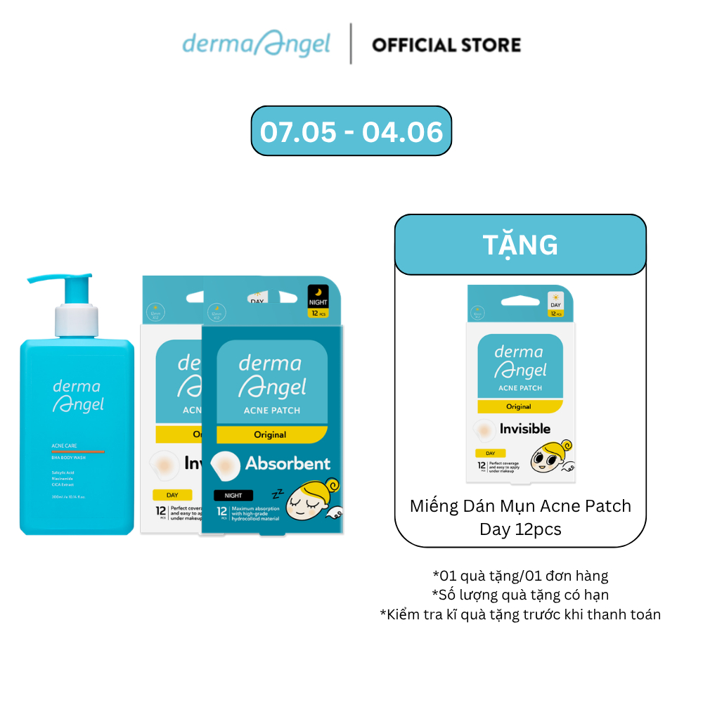 Combo Sữa Tắm Giảm Mụn Làm Sạch Da Toàn Thân Derma Angel 300ml & Miếng Dán Mụn Derma Angel - Day 12 
