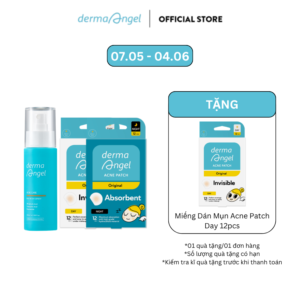 Combo Xịt Giảm Mụn Toàn Thân Derma Angel 100ml & Miếng Dán Mụn Derma Angel (Không Tiệt Trùng) - Day 