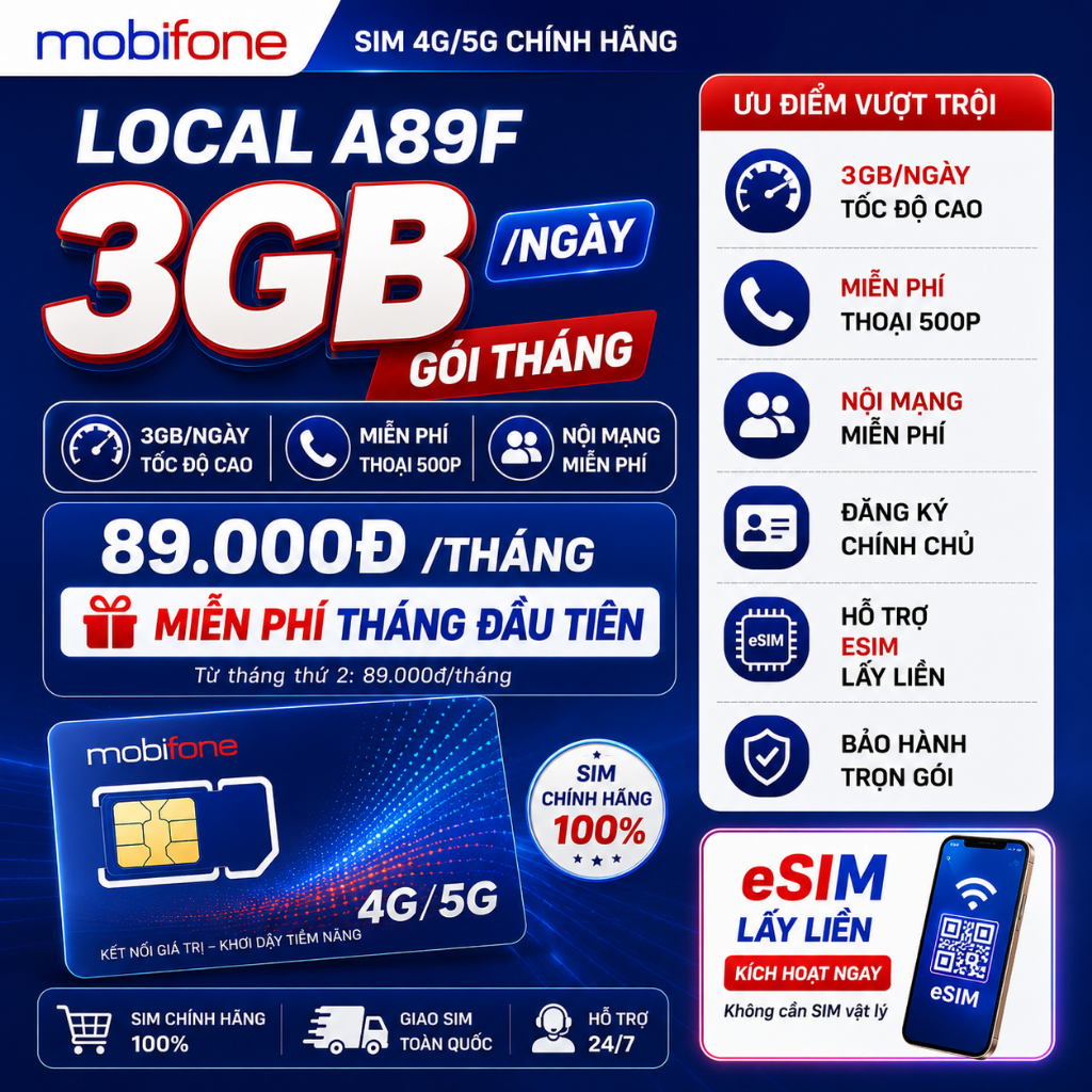 Sim 4G 3GB/Ngày tốc độ cao LOCAL – A89F – Gọi nội mạng 0Đ tới 500 phút – Hỗ Trợ eSIM – Sóng Mobifone