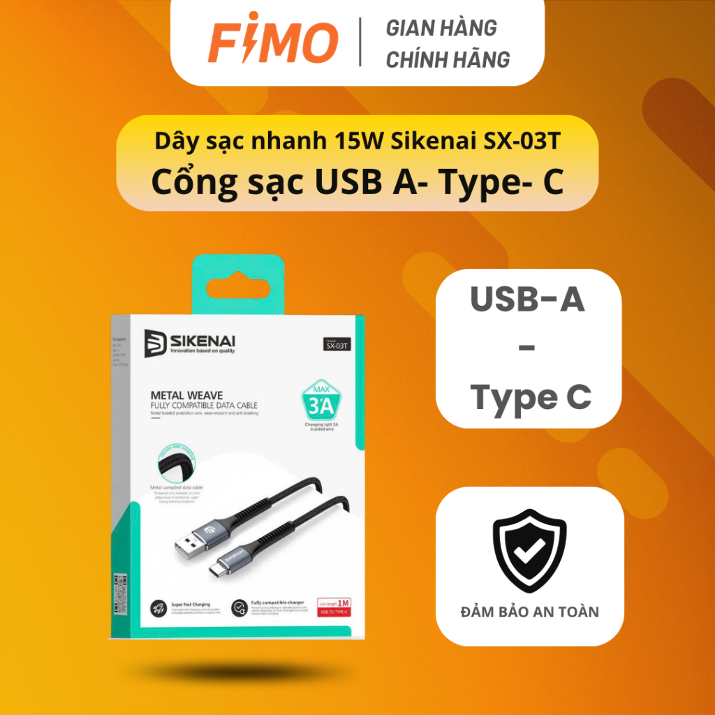 [Hỏa tốc HCM] Dây Sạc Nhanh SIKENAI SX-03T Type-C 3A Bện Kim Loại – Chính Hãng FIMO STORE