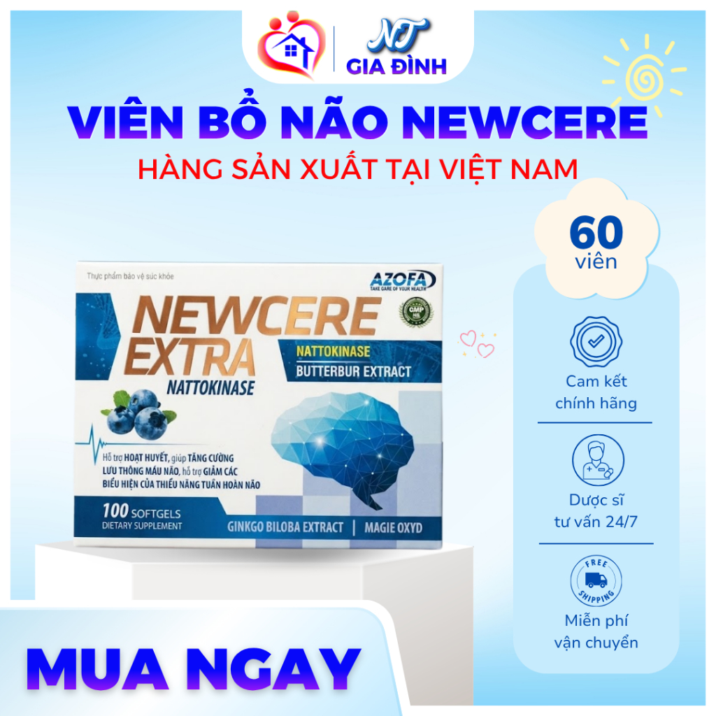 Tuần hoàn não Newcere Extra, ginkgo biloba 240mg, tăng trí nhớ, giảm đau đầu chóng mặt, hộp 100 viên