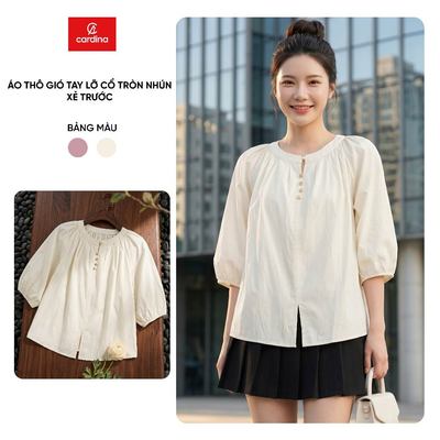 Áo sơ mi nữ CARDINA chất thô gió tay lỡ cổ tròn nhún xẻ trước 6ASC13