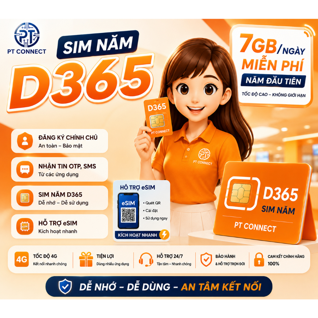 Sim 1 Năm 7GB/Ngày tốc độ cao Vietnamobile – Gói D365 – Hỗ trợ eSIM – Bảo hành 12T