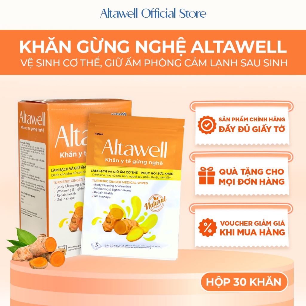 Khăn Gừng Nghệ Altawell - Hỗ Trợ Làm Sạch Khử Mùi Sáng Da Giữ Ấm - Nghệ Nano Curumin Hiệu Quả