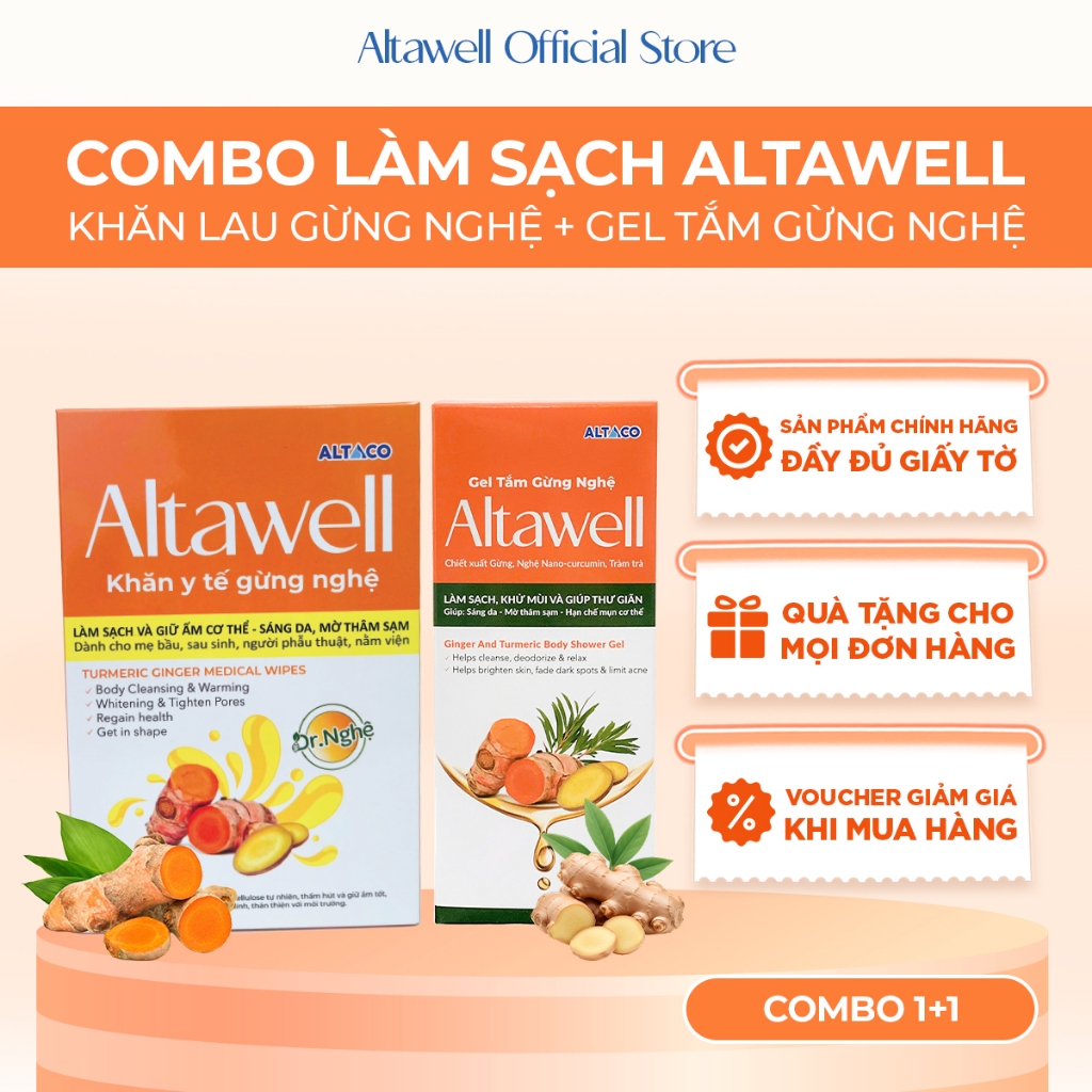 Combo Làm Sạch Altawell Khăn Y Tế Gừng Nghệ & Gel Tắm Gừng Nghệ Hỗ Trợ Làm Sạch, Khử Mùi, Hỗ Trợ Sán