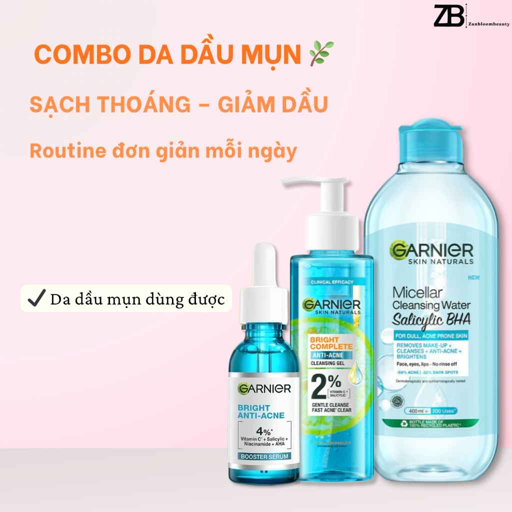 Combo Da Dầu Dễ Nổi Mụn | SRM Garnier 2% + Serum Anti-Acne + Tẩy Trang ( Combo 4 )