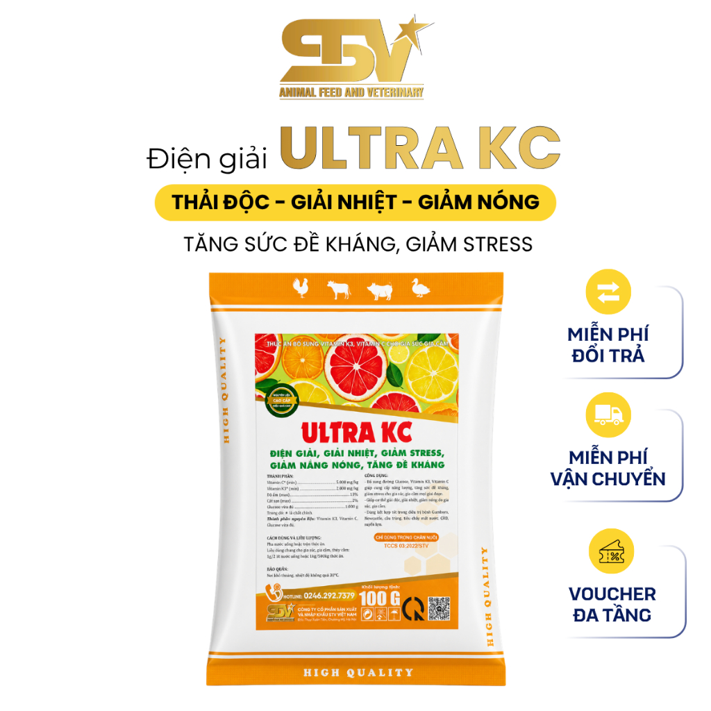 ULTRA KC Thức Ăn Bổ Sung Vitamin K3 & Vitamin C Cho Gia Súc Gia Cầm, Tăng Đề Kháng, Giảm Stress