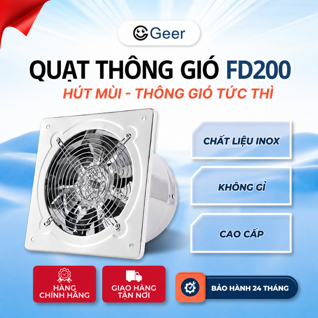 Quạt hút khói inox GEER FD200 chính hãng – Quạt thông gió 80W, 7 cánh kim loại, hút mạnh, tiết kiệm 
