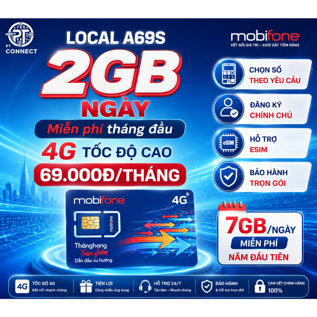 Sim 4G 2GB/Ngày tốc độ cao LOCAL – A69S – Miễn phí tháng đầu – Hỗ trợ eSIM – Sóng Mobifone