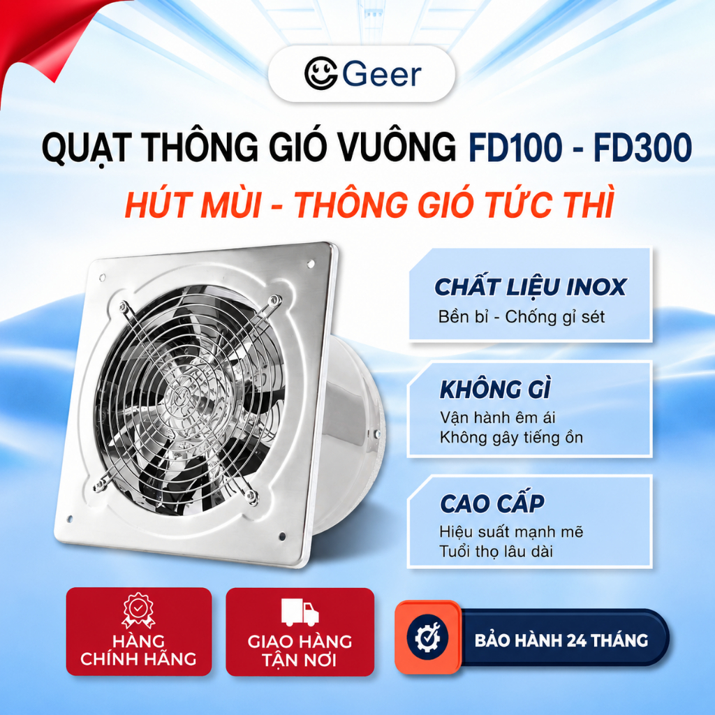 Quạt thông gió GEER vuông FD150–FD300 Inox 100% – Quạt hút gió công nghiệp, lắp tường bền bỉ