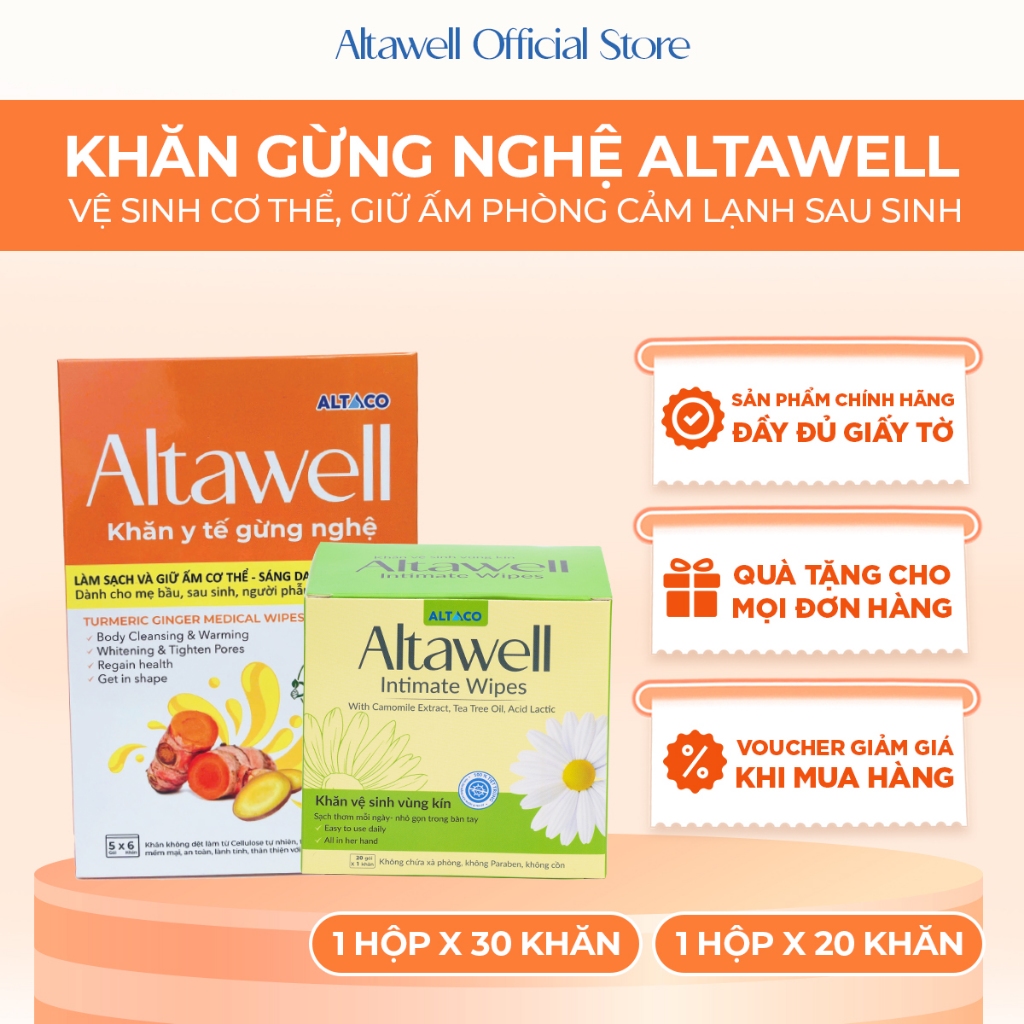 Combo Đi Sinh Altawell Khăn Y Tế Gừng Nghệ & Khăn Vệ Sinh Phụ Nữ - Hỗ Trợ Làm Sạch, Khử Mùi, Lành Tí