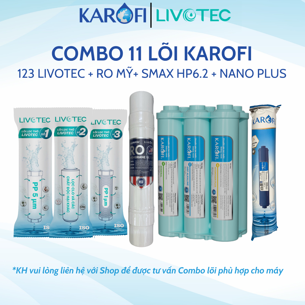 Bộ 11 lõi lọc nước Karofi chính hãng cho máy lọc nước Karofi KAD-D66 (123, RO 100 Mỹ, HP6.2, Nano)