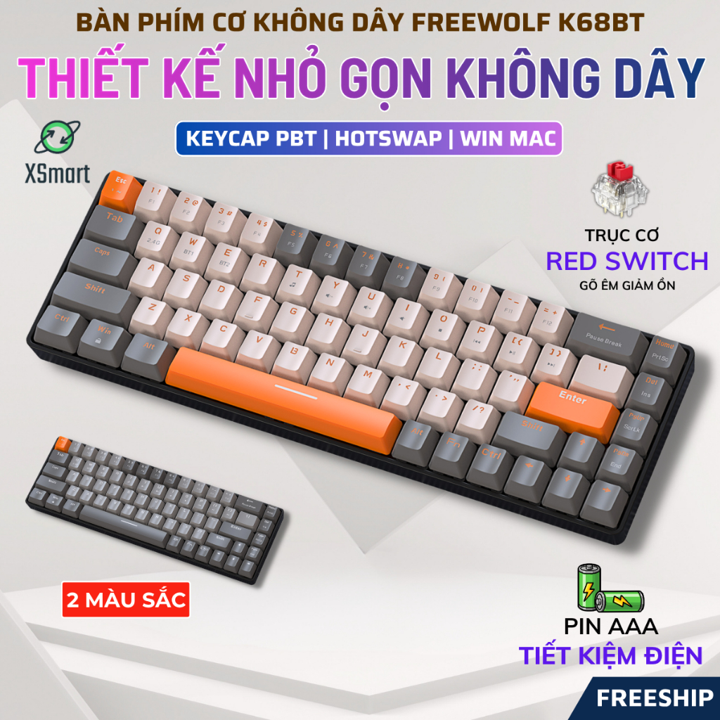 Bàn Phím Cơ Bluetooth Không Dây FreeWolf K68BT Trục Cơ Red Switch Gõ Êm Có Hotswap Kết Nối Máy Tính