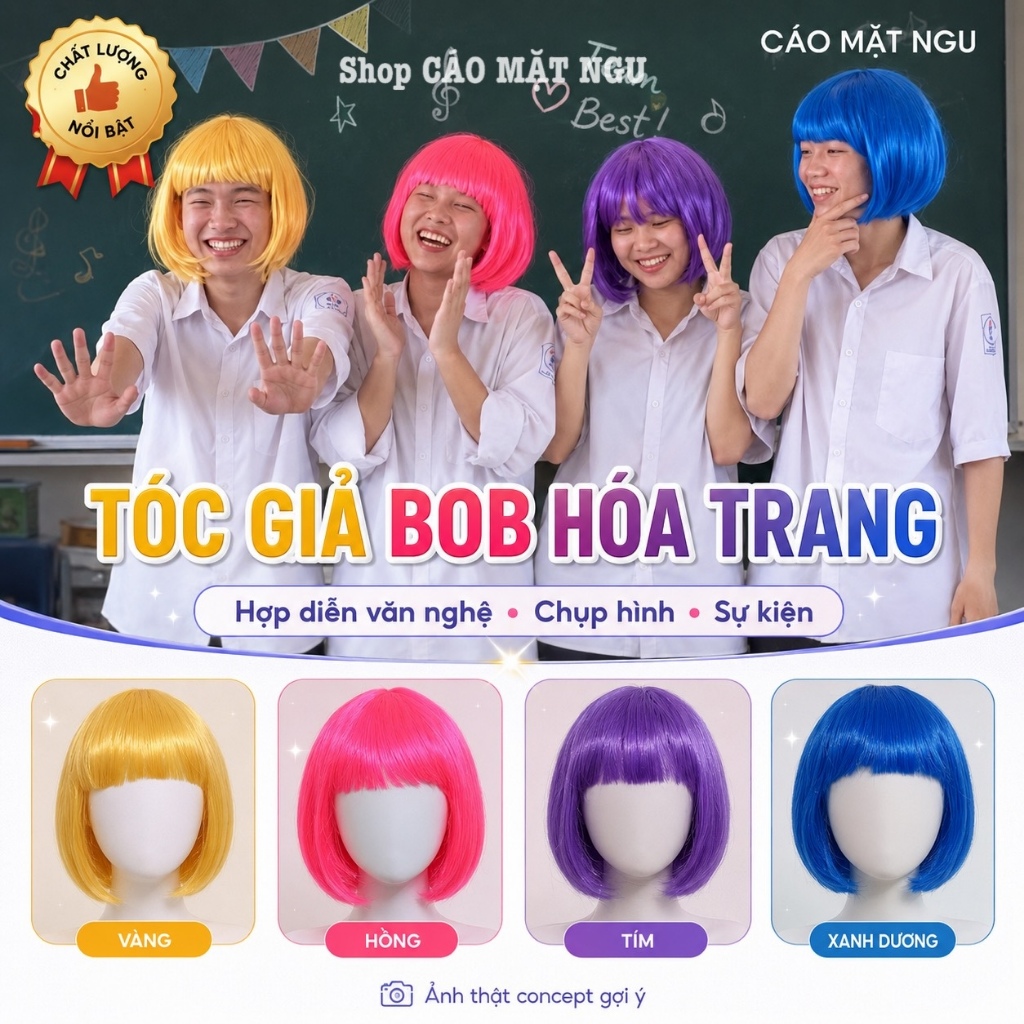Tóc giả kiểu bob nhiều màu sắc vui nhộn Hóa trang đu concept, diễn kịch, Halloween