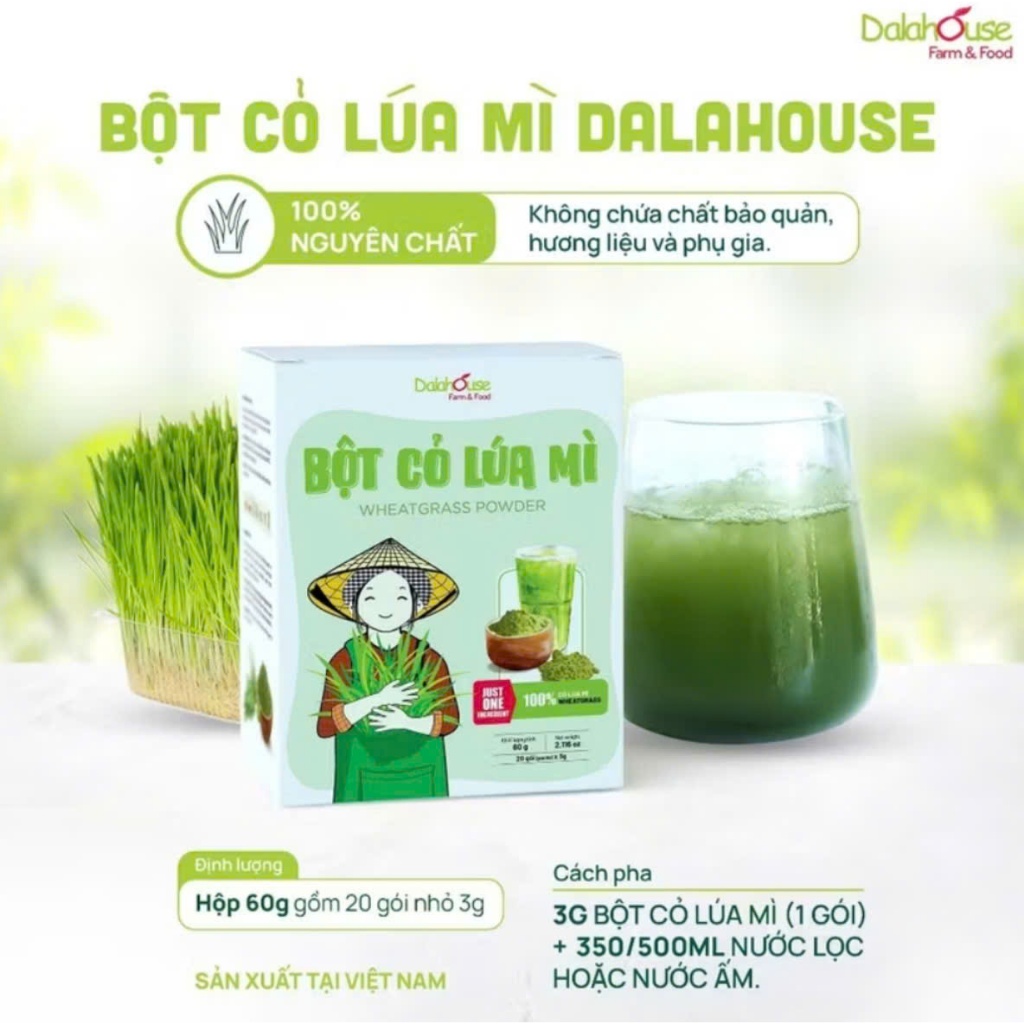 Bột cỏ lúa mì 100% nguyên chất Dalahouse (Hộp 20 gói)  Organic 100% Date mới