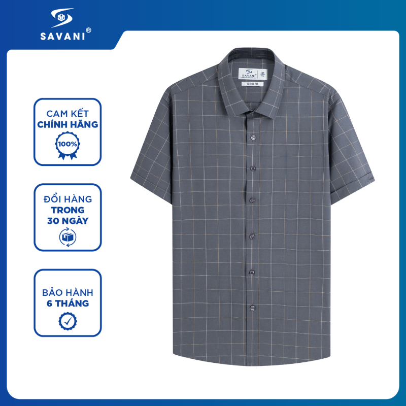 Áo Sơ Mi Nam Ngắn Tay Kẻ Caro SAVANI, Dáng SlimFit Tôn Dáng, Chất Vải Mềm Mịn MSSA066S6