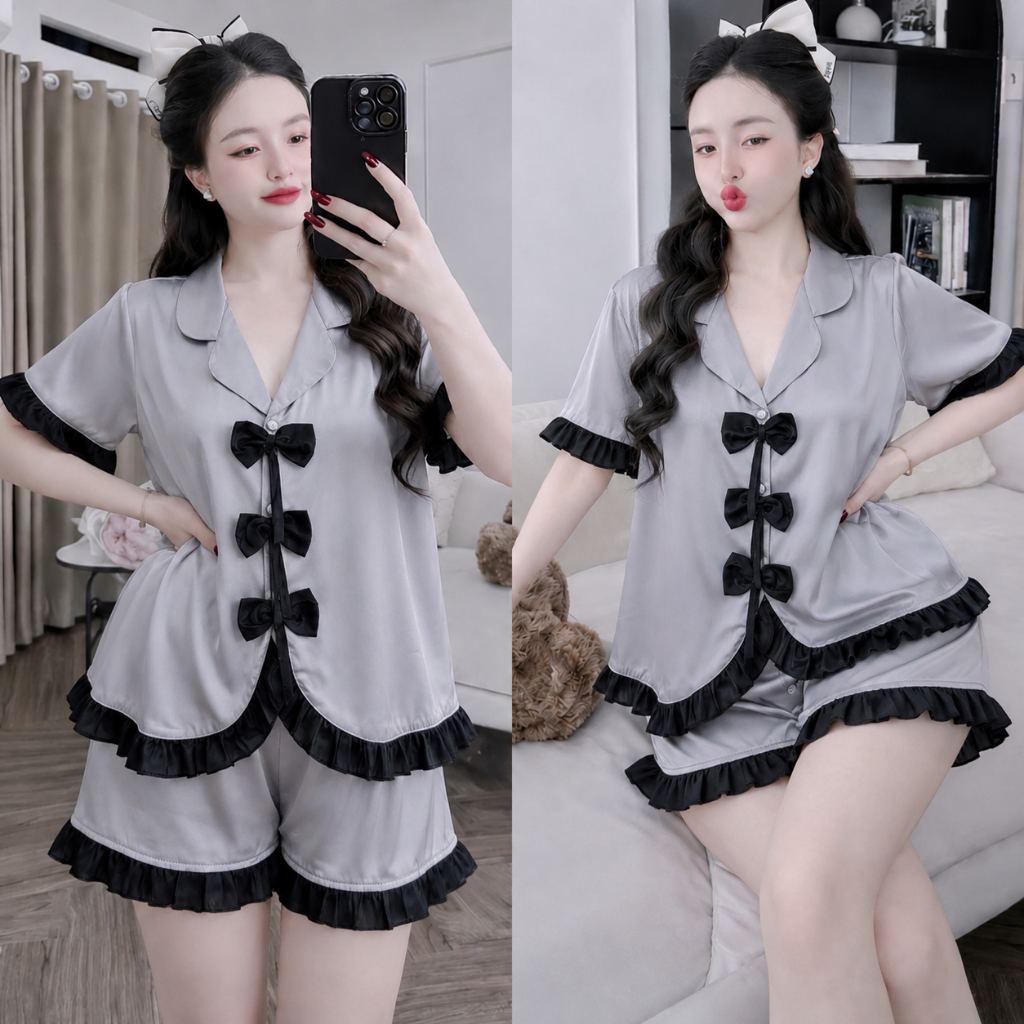 Set Đồ Ngủ Nữ - 3AE - Lụa Latin Tay Ngắn – Dáng Thoải Mái, Chất Liệu Mát Da, Thiết Kế Dễ Thương H41