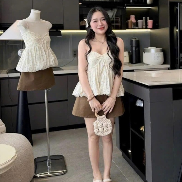 Set váy ngắn - Set váy đáng iu cho nàng hẹn hò, trà chiều, set xước hàn hoa áo 2 dây dáng bí in hoa 