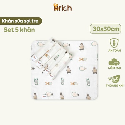 Khăn sữa sợi tre arich, sét 5 khăn sữa họa tiết, cao cấp, mềm, mịn cho bé kích thước 30x30cm