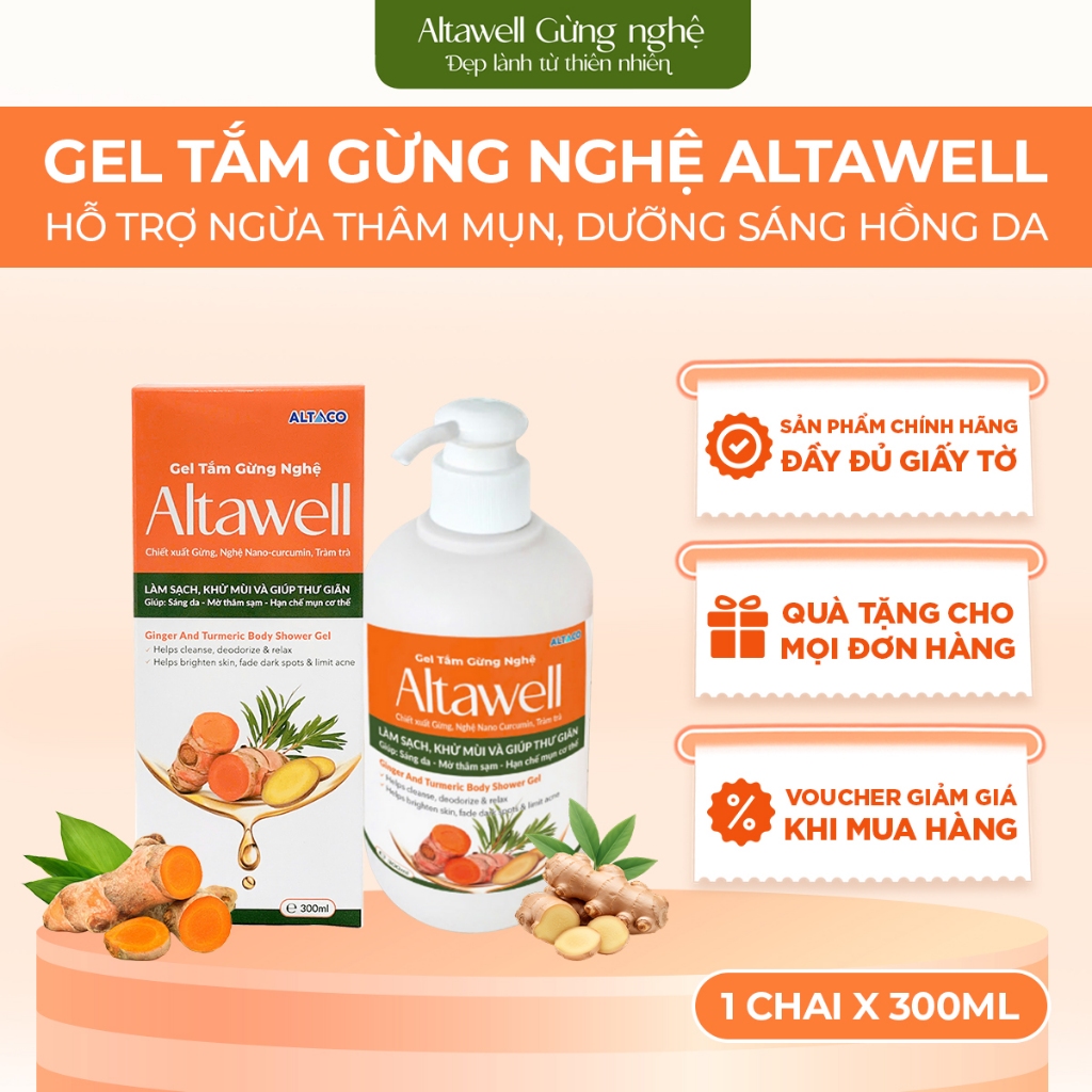 Gel Tắm Gừng Nghệ Altawell Hỗ Trợ Làm Sạch & Khử Mùi, Ngừa Mụn Sáng Da, Thành phần Gừng Nghệ Hỗ Trợ 