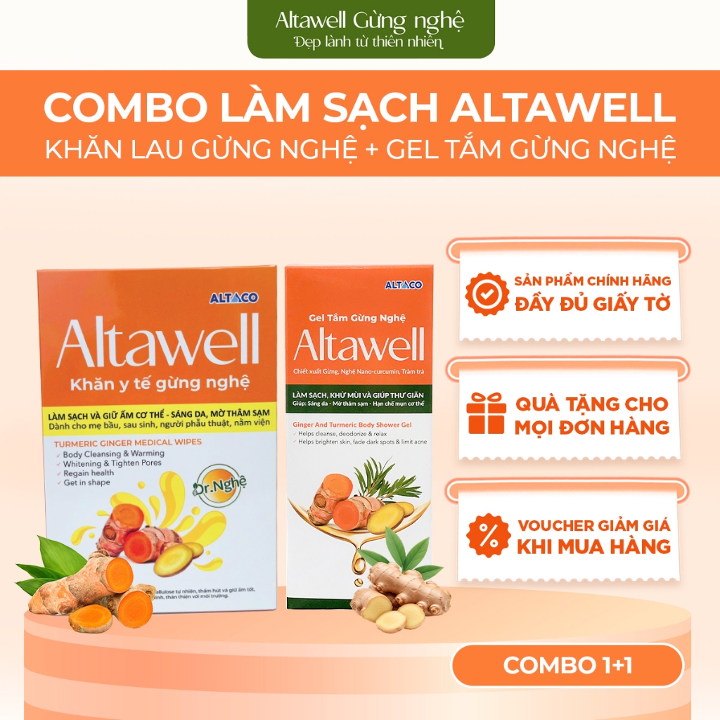 Combo Làm Sạch Altawell Khăn Y Tế Gừng Nghệ & Gel Tắm Gừng Nghệ Hỗ Trợ Làm Sạch, Khử Mùi, Hỗ Trợ Sán