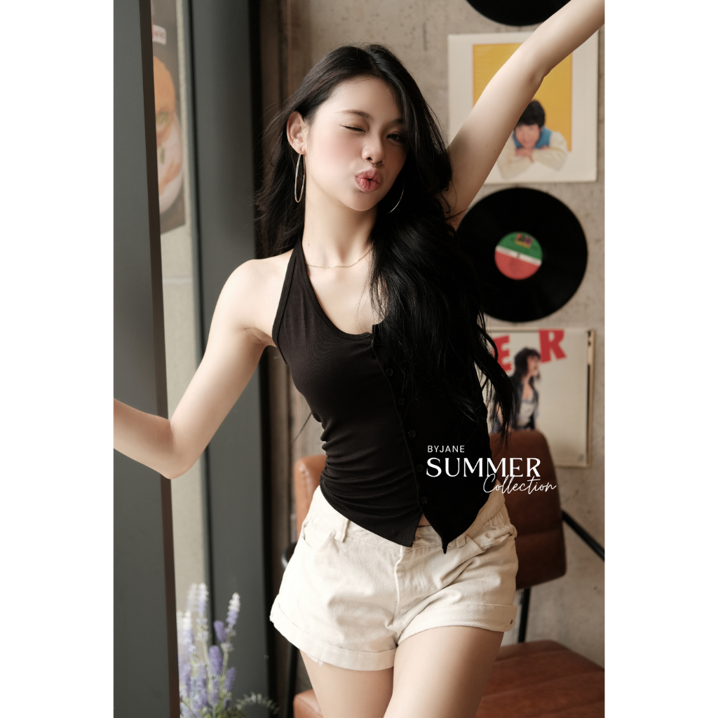 (Tặng Buộc Tóc) Áo Thun Nữ Ôm Body Cổ Yếm Phối Cúc BYJANE-165 | BigBuy360 - bigbuy360.vn