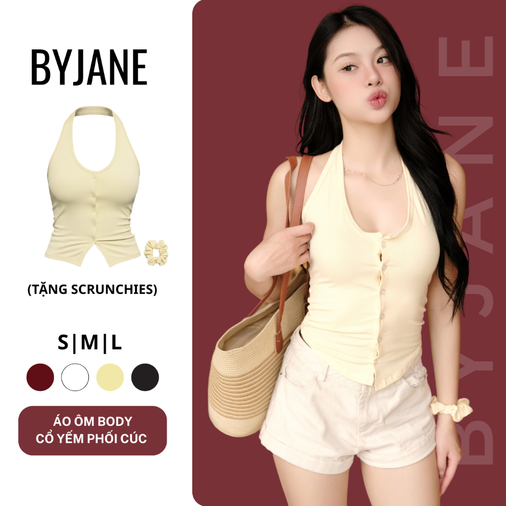 (Tặng Buộc Tóc) Áo Thun Nữ Ôm Body Cổ Yếm Phối Cúc BYJANE-165 | BigBuy360 - bigbuy360.vn