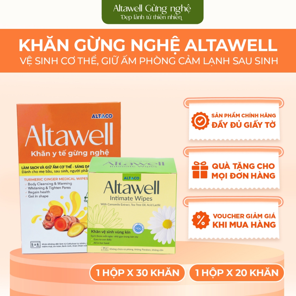 Combo Đi Sinh Altawell Khăn Y Tế Gừng Nghệ & Khăn Vệ Sinh Phụ Nữ - Hỗ Trợ Làm Sạch, Khử Mùi, Lành Tí