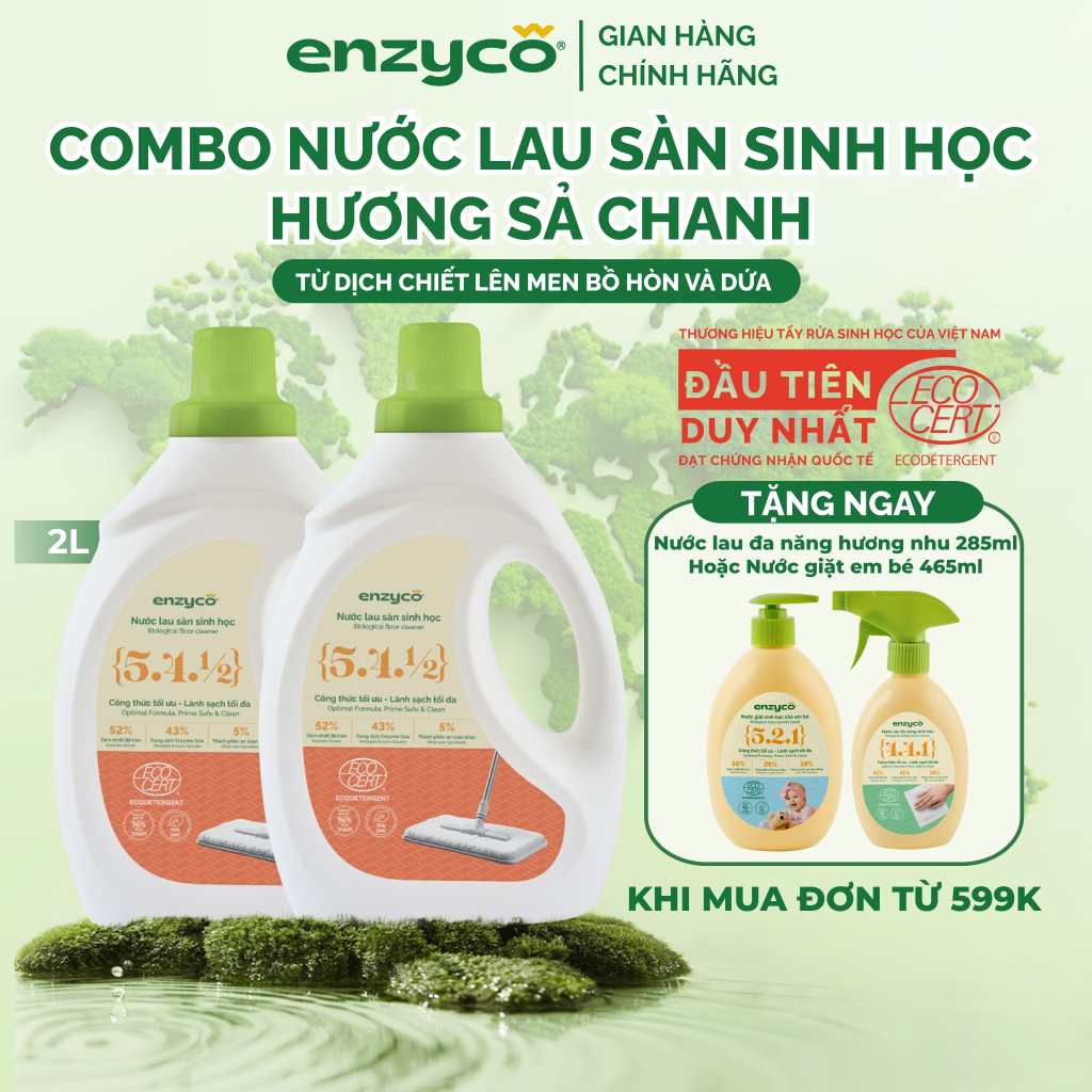 Combo 2 Nước Lau Sàn Sinh Học ENZYCO Từ Bồ Hòn & Dứa Đạt Chứng Nhận ECOCERT 2L, Lau sàn sáng bóng