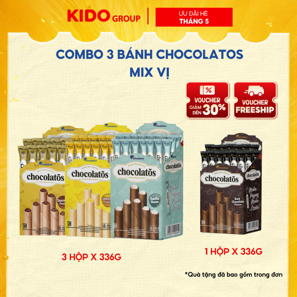 [Tặng 1 hộp vị Socola đen] Combo 3 bánh cuộn Chocolatos Vani + Phô mai + Socola | Kido Group