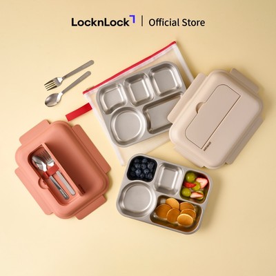 Hộp Cơm Inox Kèm Túi Và Dụng Cụ Ăn Uống LockLock Little Luv LST980 Cho Bé Dung Tích 1.05L - 2 Màu Trắng Ngà/Hồng